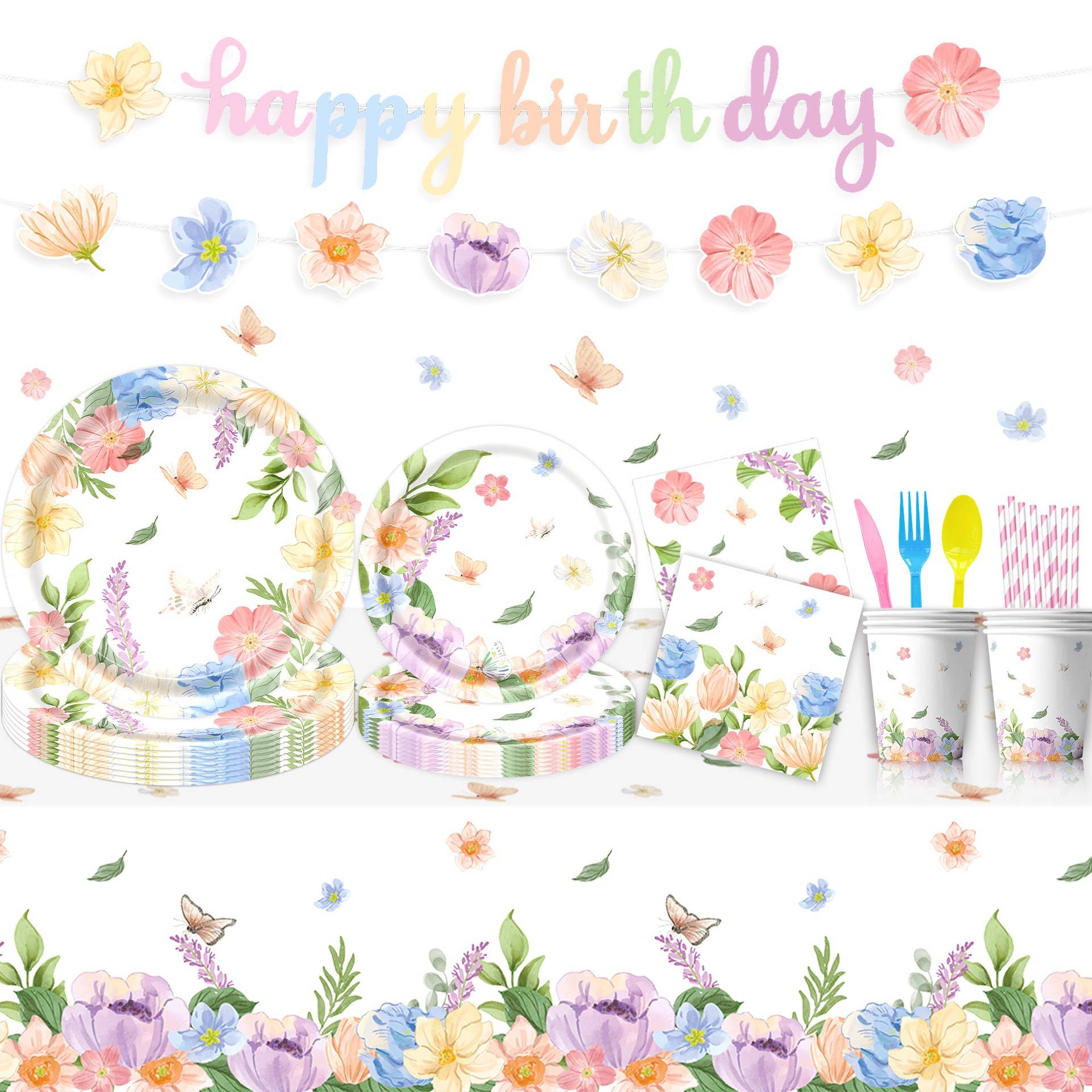 跨境新款花卉春日派对主题生日派对餐具一次性桌布纸巾纸盘装饰品