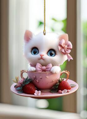 情人节可爱杯子小狗小猫亚克力2D钥匙扣汽车后视镜配饰背包小挂件