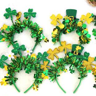 圣帕特里克节派对装饰彩条头箍爱尔兰节头饰金绿色礼帽三叶草发箍