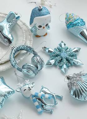 跨境蓝色塑料挂件粘粉圣诞树橱窗挂饰五角星雪花卡通装饰场景布置