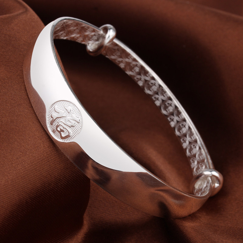 福字银手镯女9999纯银光面实心宽版推拉可调节银镯子送妈妈