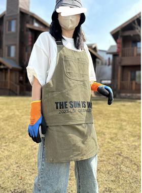 美式花园艺咖啡师烘焙店厨房工作高端双肩帆布围裙可定制logo印字