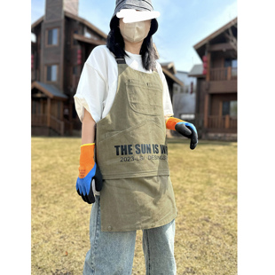 美式 花园艺咖啡师烘焙店厨房工作高端双肩帆布围裙可定制logo印字