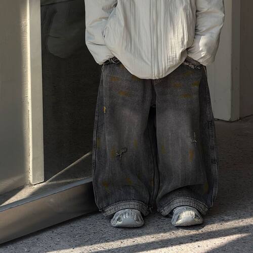 儿童休闲长裤2026冬装新款男童复古水洗加绒加厚牛仔裤个性破洞裤