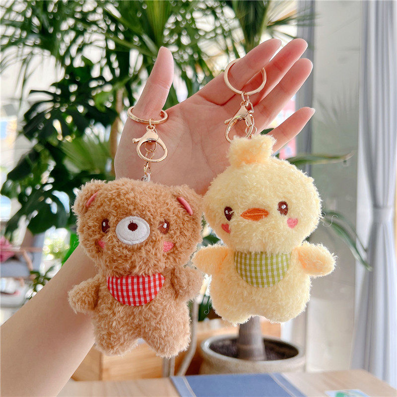 격자 무늬 스카프 병아리 인형 펜던트 곰 토끼 돼지 플러시 장난감 인형 동물 키 체인 배낭 펜던트