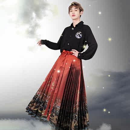 九天汉韵原创设计汉服明仿妆花红黑渐变百褶织金马面裙男女舞星河