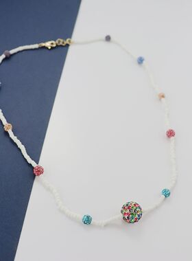 欧美新款彩色水晶球白色串珠项链气质锁骨链设计师款简约轻奢