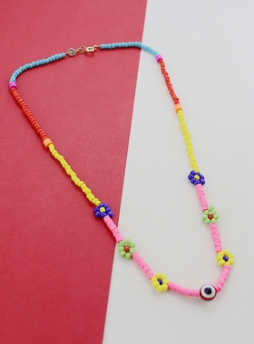 RA欧美彩色花朵串珠项链时尚百搭个性锁骨链ins