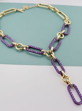 IC欧美新款合金链条项链紫色水钻装饰金属锁骨链时尚百搭