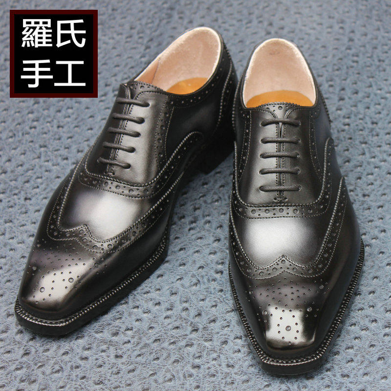 罗氏固特异纯手工皮鞋定做进口皮黑灰擦色布洛克商务休闲皮底婚鞋