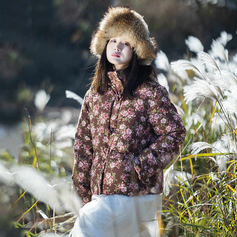 现货【雾野山亭】复古立领加厚羽绒服女冬灯芯绒印花宽松短款外套,女装/女士精品,羽绒服,淘宝优惠券,粉丝福利购,淘宝优惠卷