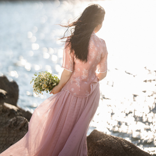 开衫 欧根纱印花中式 女夏偏门襟蕾丝花边网纱半身裙 镜花瑶 特惠