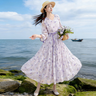 V领荷叶袖 文艺印花连衣裙女2026春夏季 收腰拼接裙子 雾隐繁花