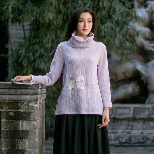 新款文艺多色皱棉手绘打底衫