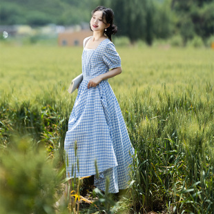 文艺蕾丝花边收腰拼接裙 清 清欢有时 夏季 方领格子连衣裙女新款