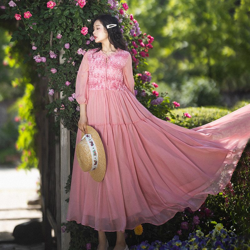 【浅嫣婉语】法式木耳边圆领连衣裙女夏季碎花点缀粉色长裙雪纺裙,女装/女士精品,连衣裙,淘宝优惠券,粉丝福利购,淘宝优惠卷