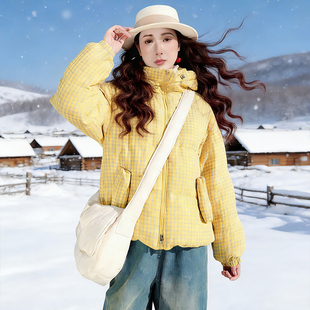 文艺色织亚麻羽绒服女短款 冬季 原创加厚格子连帽外套 一路向阳