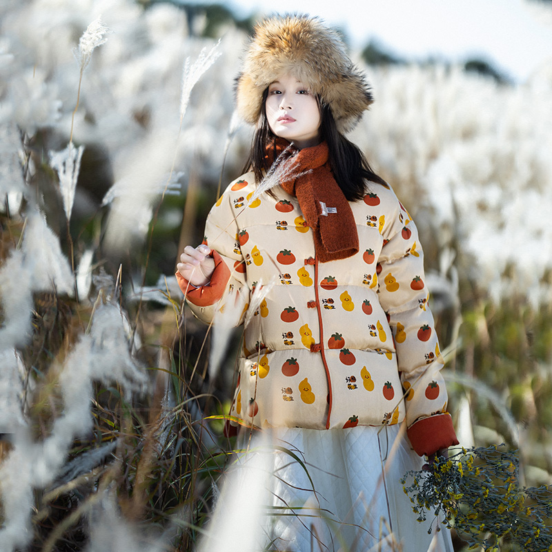 印花羽绒服棉麻记精致复古圆领