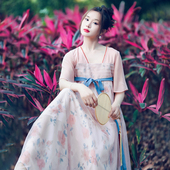 复古方领大摆网纱襦裙连衣裙女夏季 6折 伊人矜水 气质印花长裙