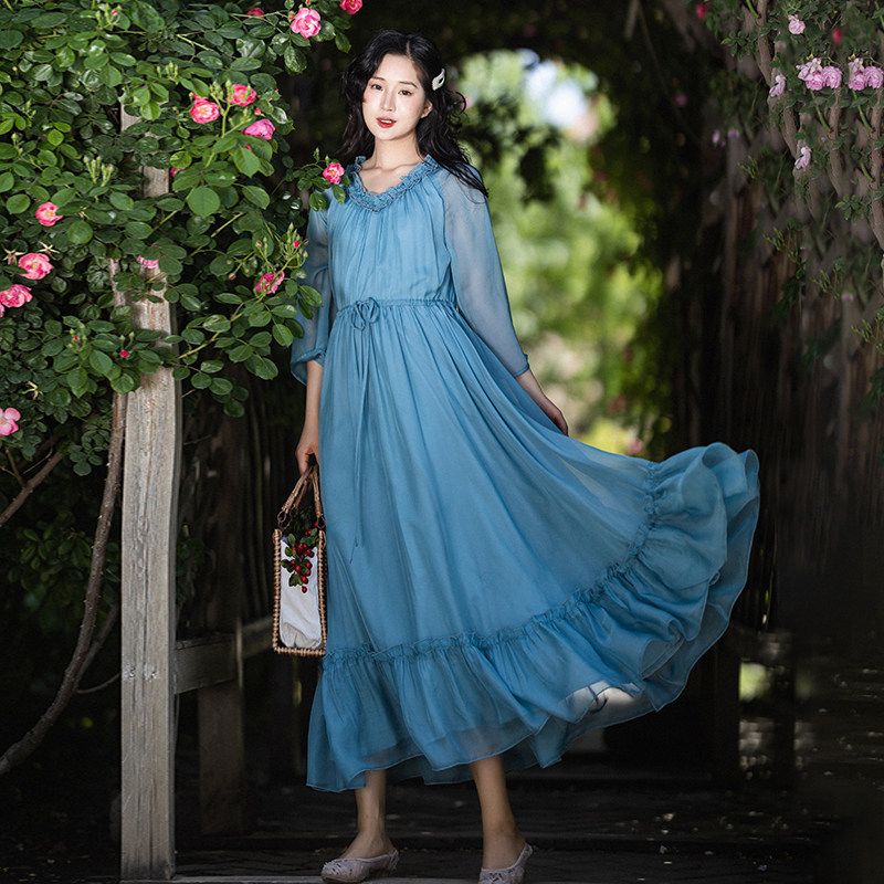 现货【望春峦】原创蓝色连衣裙女夏拼接系带收腰长裙木耳领雪纺裙,女装/女士精品,连衣裙,淘宝优惠券,粉丝福利购,淘宝优惠卷