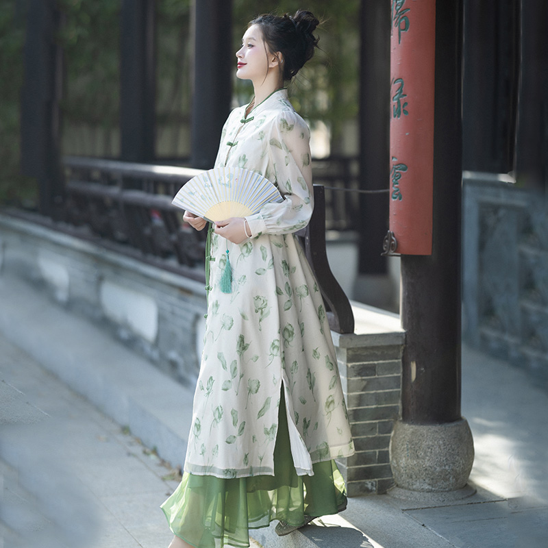 复古印花中式开衫撞色吊带裙女夏