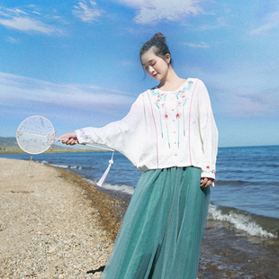 棉麻记2025新款 区 158元 女 蝙蝠袖 衬衫 圆领绣花开衫