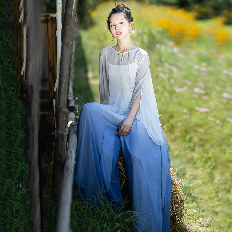 现货【涧石水】文艺设计感精致上衣雪纺蓝色渐变长裤女夏宽松套装,女装/女士精品,时尚套装,淘宝优惠券,粉丝福利购,淘宝优惠卷