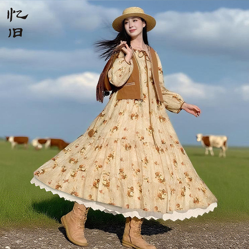 【秋韵花影】复古V领宽松连衣裙女2025秋季长袖印花浪漫荷叶边裙