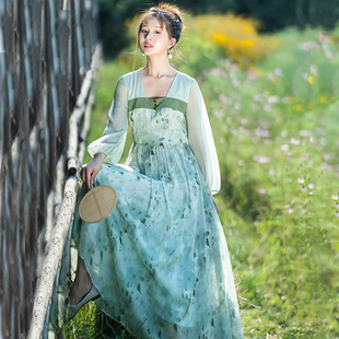 特惠 复古印花连衣裙设计感精致长裙女夏收腰显气质轻薄裙 青岚