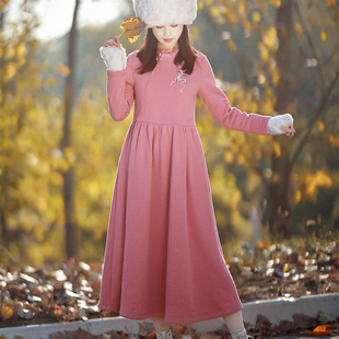 5折【松风花隐 】复古中式刺绣连衣裙女冬季中长款A字裙立领加绒