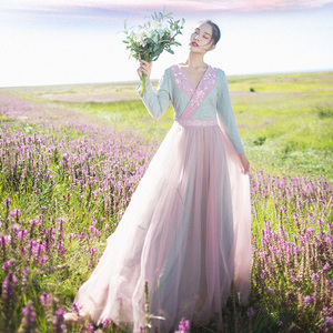 【现货】棉麻记复古绣花长裙子夏季收腰汉服显瘦网纱仙女连衣裙女