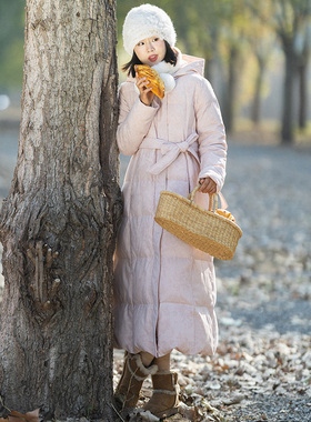 8折【雾里寻花】复古连帽加厚羽绒服女长款冬季印花保暖修身外套