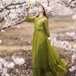 新款 复古绿色连衣裙女夏季 圆领盘扣高腰大摆长裙子 秋香醉 现货