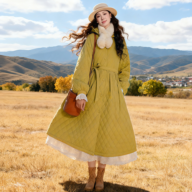 【粼粼暖冬】复古棉衣女2025冬季菱形格连帽棉服保暖系带收腰外套