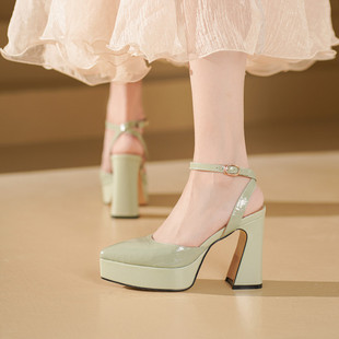 粗跟高跟鞋女防水台不累脚高跟鞋夏季法式尖头一字带包头凉鞋10CM