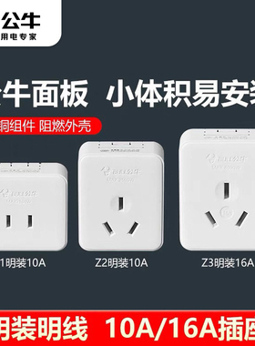 公牛小型明装面板插座扁孔二脚三脚单相简易墙壁10A插头插座Z1/Z3