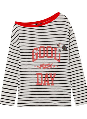 【李浩菲】SOFITTE 25AW复古撞色条纹T恤女斜肩亚麻长袖上衣慵懒