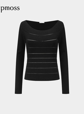 【deepmoss】2025秋冬新款女士设计感时尚雾黑色微透条纹弧领上衣