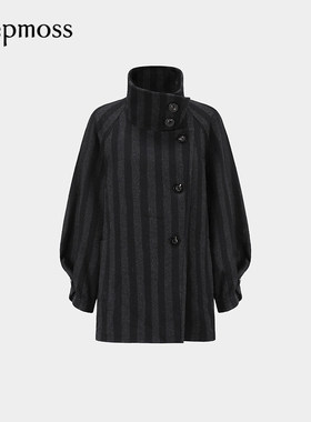 【deepmoss】2025秋冬新款女士设计感黑灰条纹翻领茧型羊毛短外套