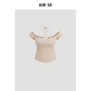 新品 金属logo一字肩绑带短袖 AIM 女士 T恤