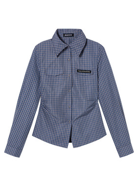 SOFITTE 25AW蓝色格纹衬衫女收腰设计感显瘦长袖复古通勤百搭