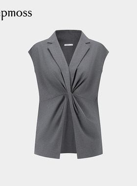 【deepmoss】2025秋冬新款女士高级扭褶驳领无袖羊毛混纺收腰上衣