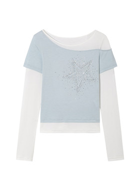 SOFITTE 25AW假两件打底衫女拼接撞色烫钻长袖上衣显瘦内搭秋