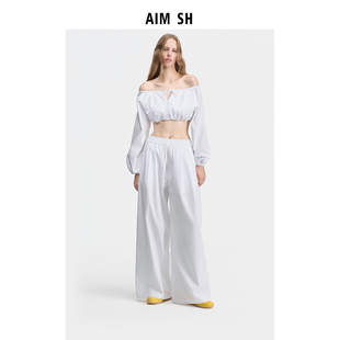 新品 白色宽松直筒阔腿运动裤 AIM 女士 休闲裤