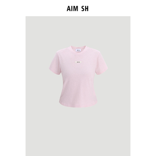 新品 缝标logo标识纯色圆领短袖 AIM 女士 T恤
