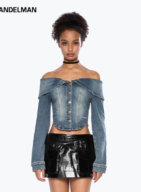 ANN ANDELMAN2025秋季新款蓝色一字肩牛仔外套长袖上衣