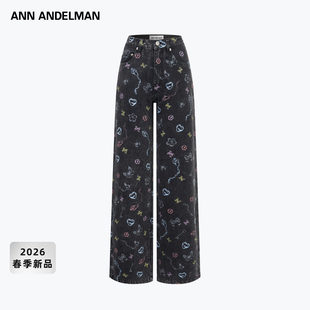 ANN ANDELMAN26春季新款多元素个性印花复古水洗做旧阔腿牛仔裤子