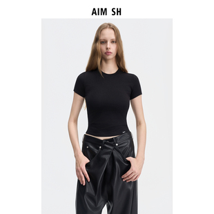 AIM 女士 修身 T恤 圆领夹标纯色logo短袖 新品