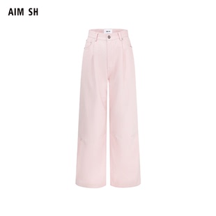 新品 粉色夹标褶皱柔软阔腿休闲裤 AIM 女士 牛仔裤