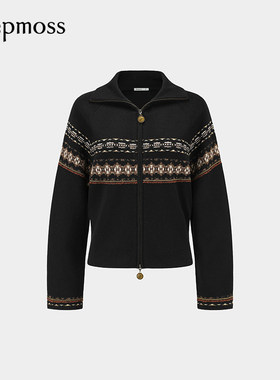 【deepmoss】2025秋冬新款女士设计感费尔岛提花羊毛混纺针织外套